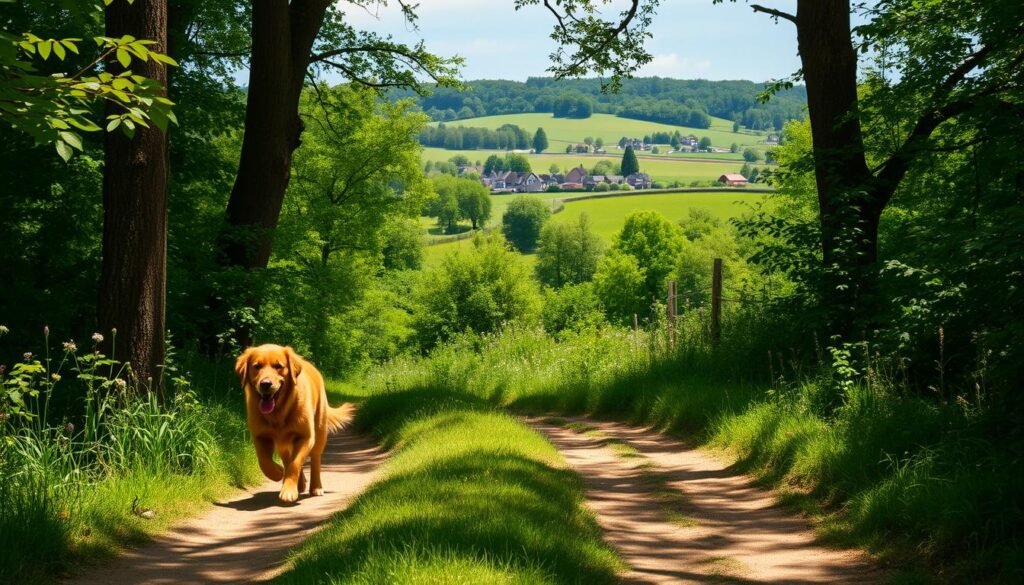 A picturesque dirt path winds through lush, verdant foliage in the Essex countryside. Tall, mature trees line the trail, casting dappled sunlight upon the ground. In the foreground, a well-groomed golden retriever trots happily, tongue lolling, exploring the dog-friendly route. The middle ground features rolling hills dotted with wildflowers, while the distant background reveals the silhouettes of quaint village buildings. The scene evokes a sense of tranquility and adventure, inviting both canine and human companions to discover the joys of this peaceful, nature-filled oasis. A picturesque dirt path winds through lush, verdant foliage in the Essex countryside. Tall, mature trees line the trail, casting dappled sunlight upon the ground. In the foreground, a well-groomed golden retriever trots happily, tongue lolling, exploring the dog-friendly route. The middle ground features rolling hills dotted with wildflowers, while the distant background reveals the silhouettes of quaint village buildings. The scene evokes a sense of tranquility and adventure, inviting both canine and human companions to discover the joys of this peaceful, nature-filled oasis.