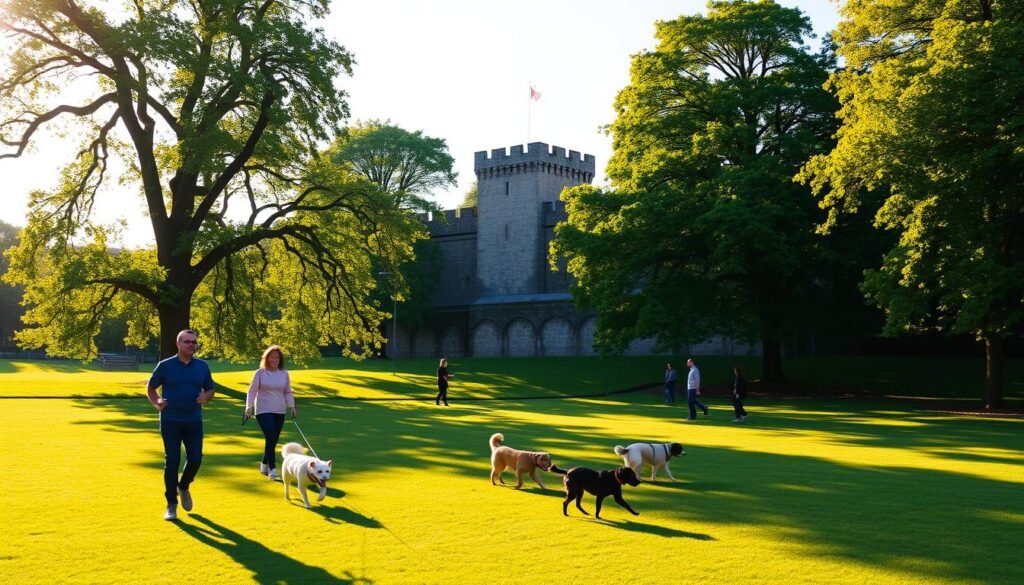 Colchester Castle Park on a bright, sunny afternoon. In the foreground, a group of people walking their dogs, leashes in hand, as the canines frolic and play in the lush, well-manicured grass. The castle's impressive stone walls loom in the middle ground, casting long shadows across the scene. In the background, towering trees sway gently, their verdant foliage adding to the tranquil, bucolic atmosphere. Warm, golden light filters through the branches, creating a warm, welcoming ambiance. The overall impression is one of a serene, inviting urban oasis, a perfect respite from the bustling city beyond. Colchester Castle Park on a bright, sunny afternoon. In the foreground, a group of people walking their dogs, leashes in hand, as the canines frolic and play in the lush, well-manicured grass. The castle's impressive stone walls loom in the middle ground, casting long shadows across the scene. In the background, towering trees sway gently, their verdant foliage adding to the tranquil, bucolic atmosphere. Warm, golden light filters through the branches, creating a warm, welcoming ambiance. The overall impression is one of a serene, inviting urban oasis, a perfect respite from the bustling city beyond.